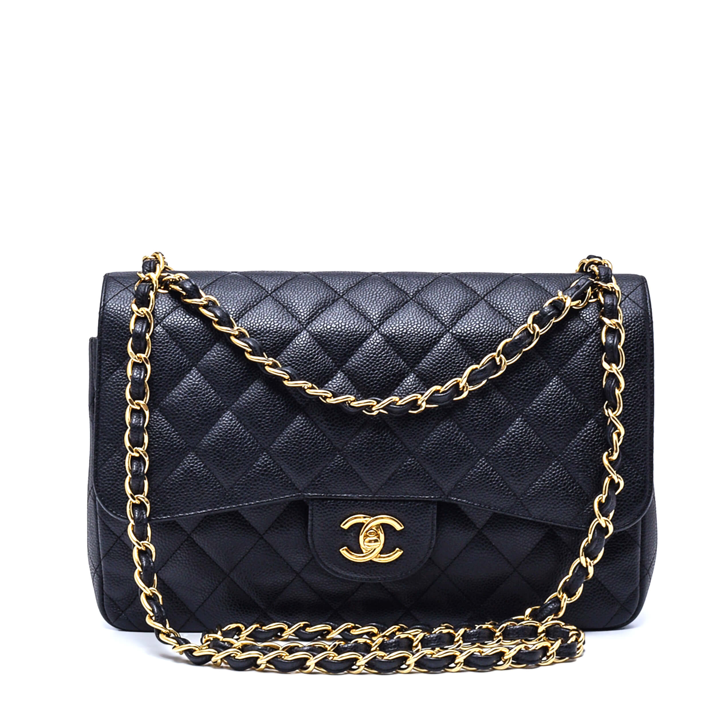 Chanel - Black Quilted Caviar Leather Jumbo Double Flap Bag